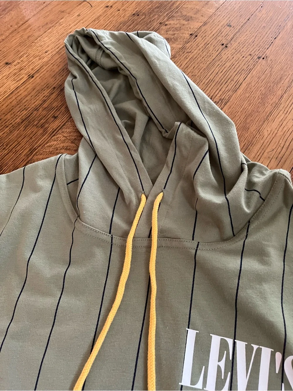 Levi's Olive Green Pinstripe Hooded Pullover with Yellow Drawstrings
